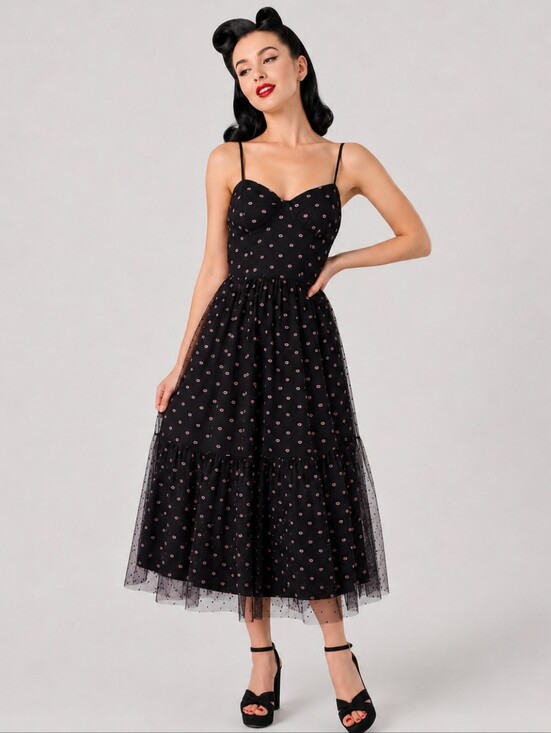 Betsey Johnson Dresses & Skirts - Betsey Johnson  Black Tulle Lip Print Bustier Midi Dress Size 10